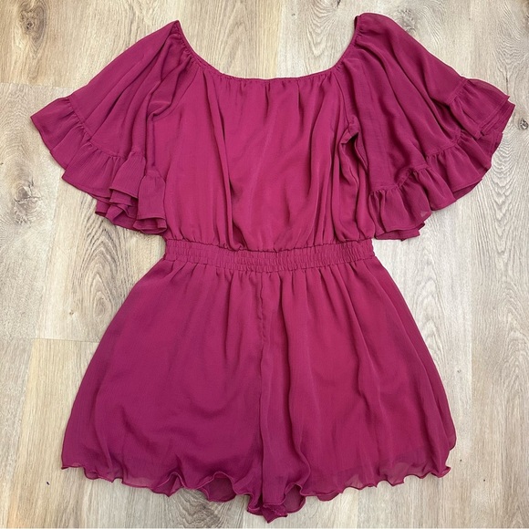 Endless Rose Berry Off Shoulder Ruffle Romper - Picture 6 of 7